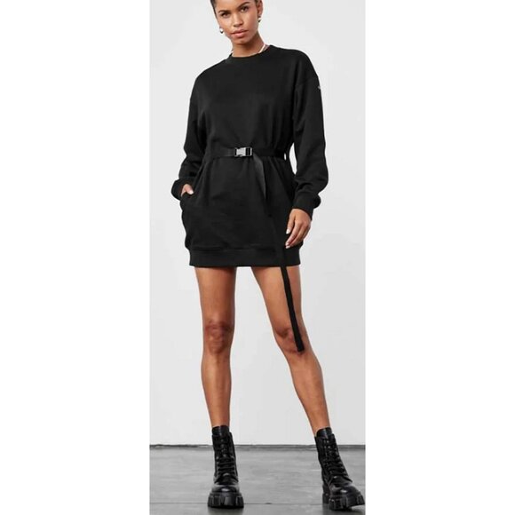 Alo Cityscape Sweatshirt Dress Black Belted Belt Edgy Long Sleeve Sweater Mini - Picture 2 of 15